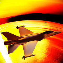 Image showing Fighter jet flying against a blue sky, 3d illustration