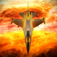 Image showing Fighter jet flying against a blue sky, 3d illustration