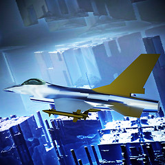 Image showing Fighter jet flying against a blue sky, 3d illustration