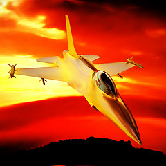 Image showing Fighter jet flying against a blue sky, 3d illustration