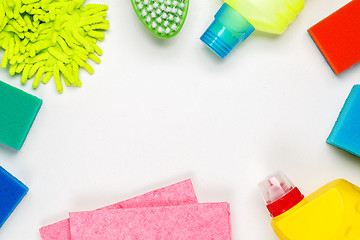 Image showing House cleaning products on white table