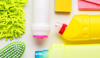 Image showing House cleaning products on white table