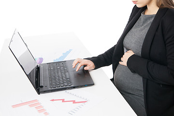 Image showing Businesswoman waiting for baby while working on laptop