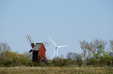 Image showing New and old windmills