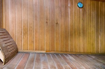 Image showing A small sauna with wooden walls