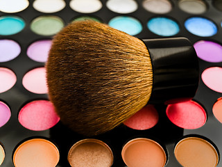 Image showing Multicolored Eye Shadows and Cosmetic Brush