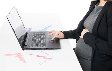 Image showing Businesswoman waiting for baby while working on laptop