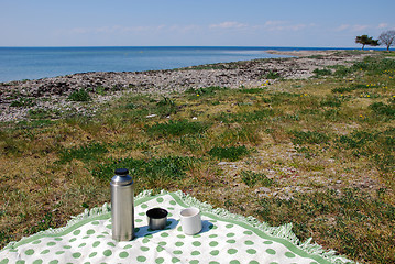 Image showing Blanket with thermos on the beach