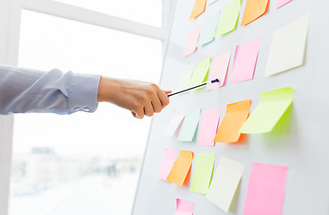 Image showing close up of hand pointing to sticker on flip chart