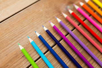 Image showing close up of crayons or color pencils on wood