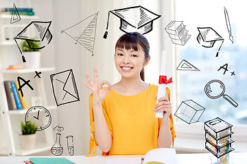 Image showing happy asian woman student with diploma at home