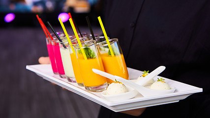 Image showing Set of different vegetable juices on the bar.