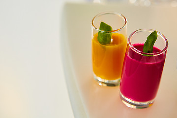 Image showing Set of different vegetable juices on the bar.