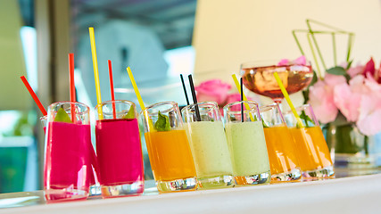 Image showing Set of different vegetable juices on the bar.