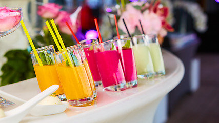 Image showing Set of different vegetable juices on the bar.