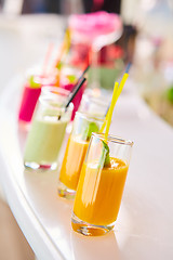 Image showing Set of different vegetable juices on the bar.