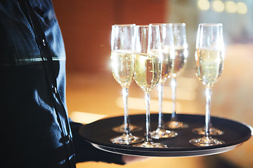 Image showing Waiter serving champagne on a tray