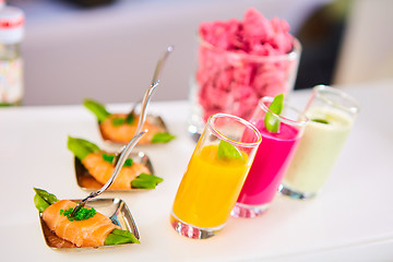 Image showing Appetizer plate of sauteed asparagus wrapped in thin slices smoked salmon