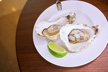 Image showing Two fresh oysters platter