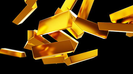 Image showing Gold bars or bullions flow isolated on black