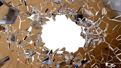 Image showing Bullet hole and pieces of shattered glass 