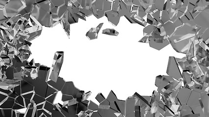 Image showing Shattered or smashed glass: sharp Pieces on white