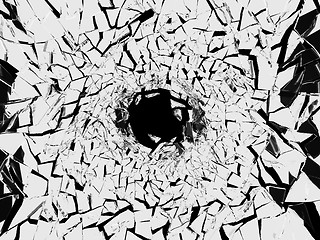 Image showing Shattered white glass pattern and hole on black