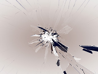 Image showing Broken glass with bullet hole on white