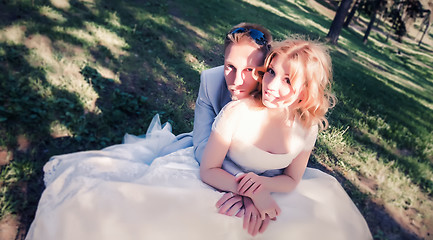 Image showing Wedding couple sit on the grass in the forest