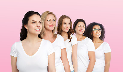 Image showing group of happy different women in white t-shirts