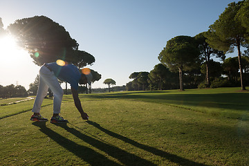 Image showing golf player placing ball on tee