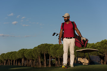 Image showing golfer  walking and carrying golf  bag