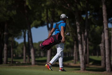 Image showing golf player walking and carrying bag