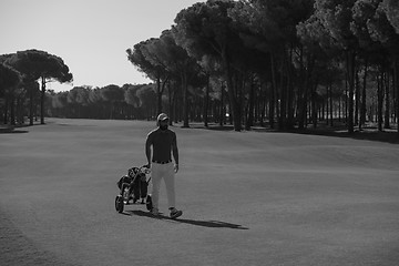 Image showing golf player walking with wheel bag
