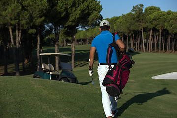 Image showing golfer  walking and carrying golf  bag