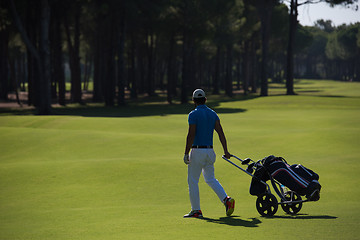 Image showing golf player walking with wheel bag