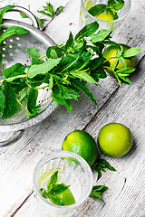 Image showing Still life with drink,lime and mint