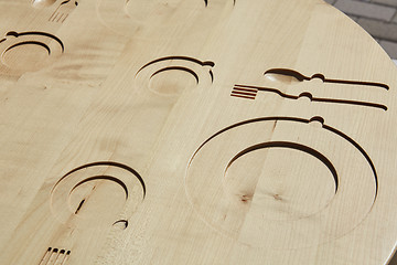 Image showing Empty Plate, Knife and Fork on wooden background.