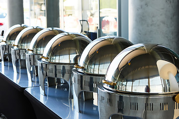 Image showing Buffet Table with Row of Food Service Steam Pans
