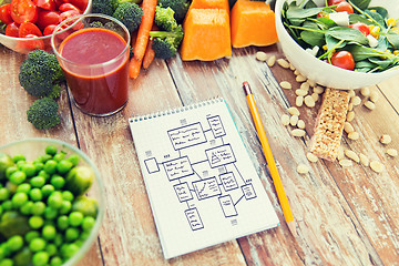 Image showing close up of ripe vegetables and notebook on table