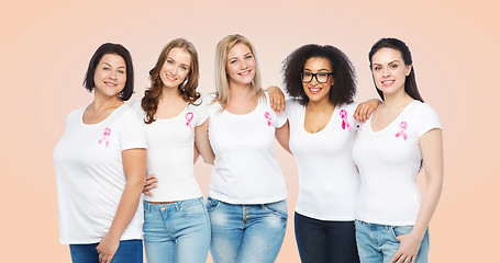 Image showing happy women with breast cancer awareness ribbons