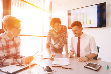 Image showing startup business team on meeting at modern office with sunset in