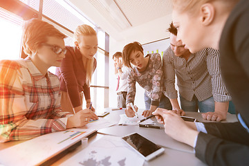 Image showing startup business team on meeting at modern office with sunset in