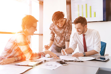 Image showing startup business team on meeting at modern office with sunset in