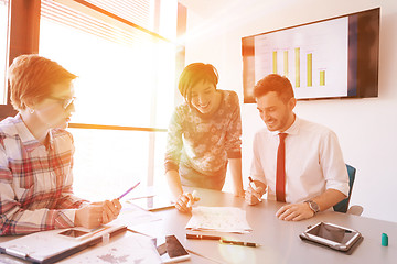 Image showing startup business team on meeting at modern office with sunset in