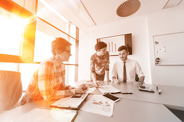 Image showing startup business team on meeting at modern office with sunset in