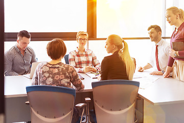 Image showing startup business team on meeting at modern office with sunset in