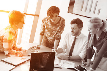 Image showing startup business team on meeting at modern office with sunset in