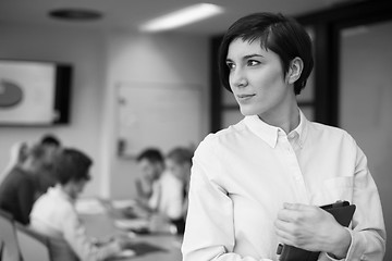 Image showing business woman on meeting  using tablet computer