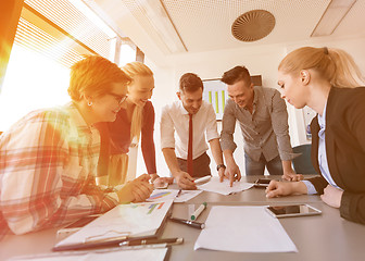 Image showing startup business team on meeting at modern office with sunset in